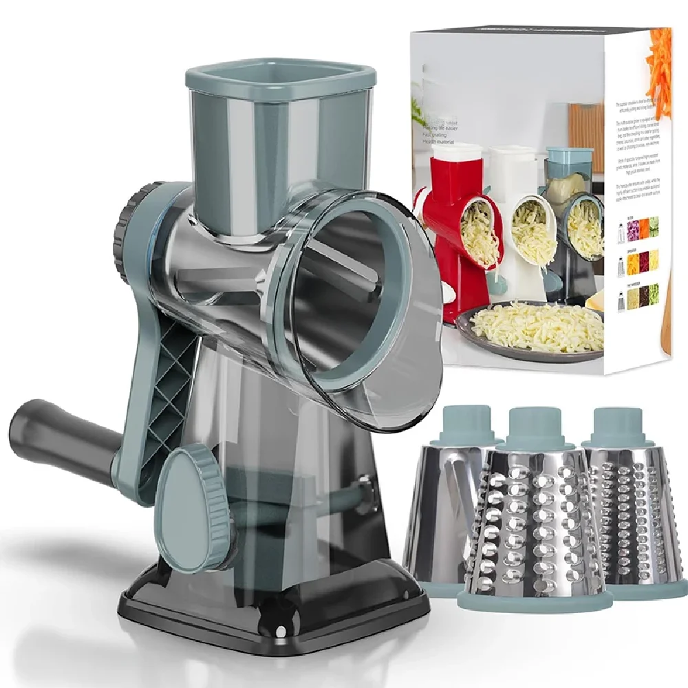 

3 in 1 Rotary Cheese Grater Versatile Manual Vegetable Slicer Peanut Nuts Grinder Cheese Vegetable Shredder Clear JT242