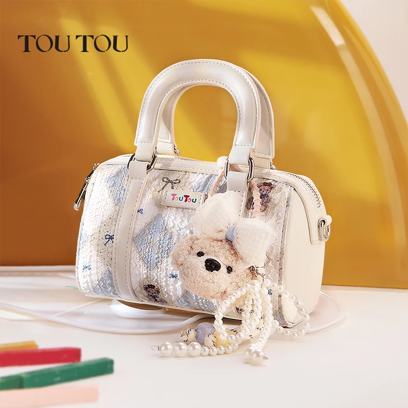 

TOUTOU Boston Bowling Bag with Cute Crayon Dog Pendant Handbag Portable Shoulder Crossbody Bag for Commuter Back To School Gift