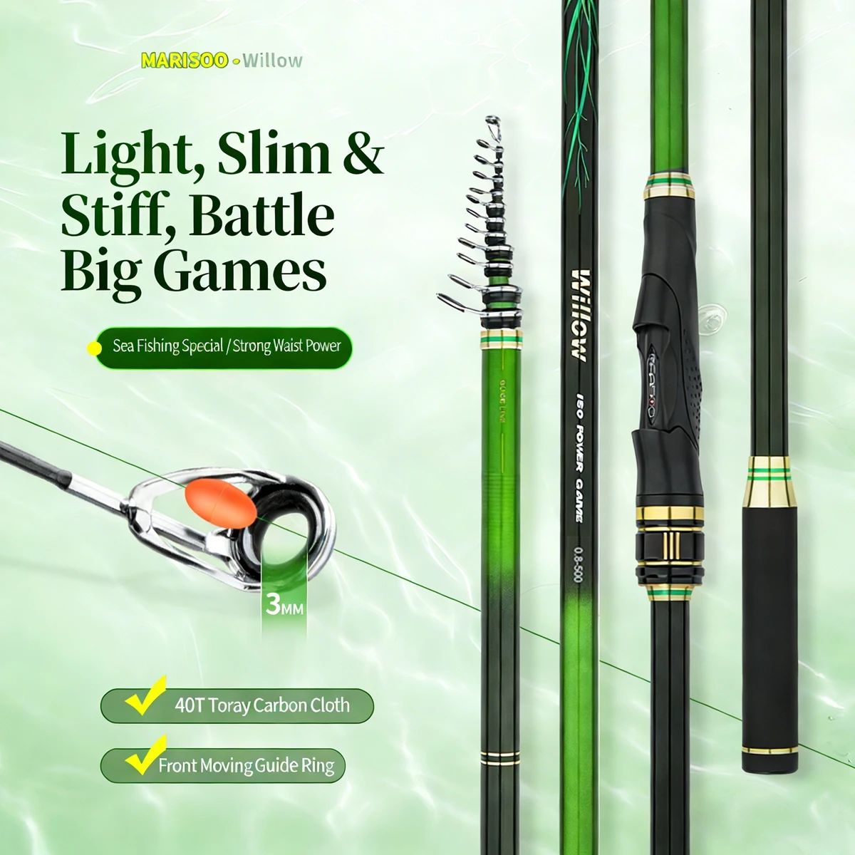MARISOO WILLOW 40T Toray Carbon Ocean Rock Fishing Rod-Ultra Light & Stiff, Ideal for Shore Fishing Black Porgy/Seabream