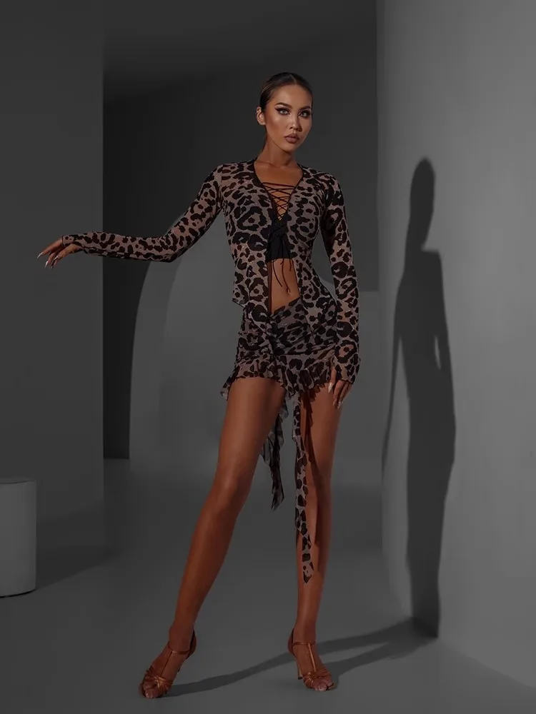 ZYM Latin Dance Mesh Top See Through Sexy Black Zebra Leopard Open Front Long Sleeve Shirt Transparent Dance Wear#2360