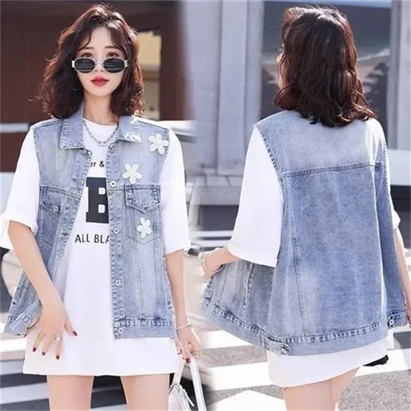 

Spring Autumn Women Cowboy Waistcoat Coat High-grade Ladies Jeans Sleeveless Tops 2025 Female Large Size 5XL Denim Vest Jacket
