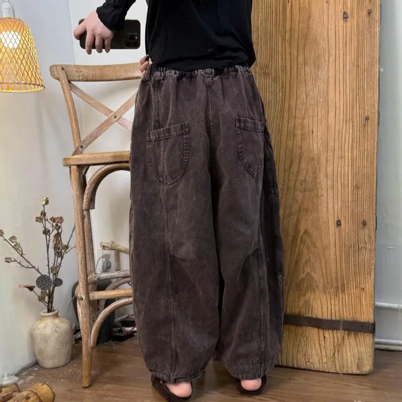 New Arrival Spring Autumn Arts Style Women Elastic Waist Cotton Denim Harem Pants Vintage Gray Cotton Loose Jeans Good Quality