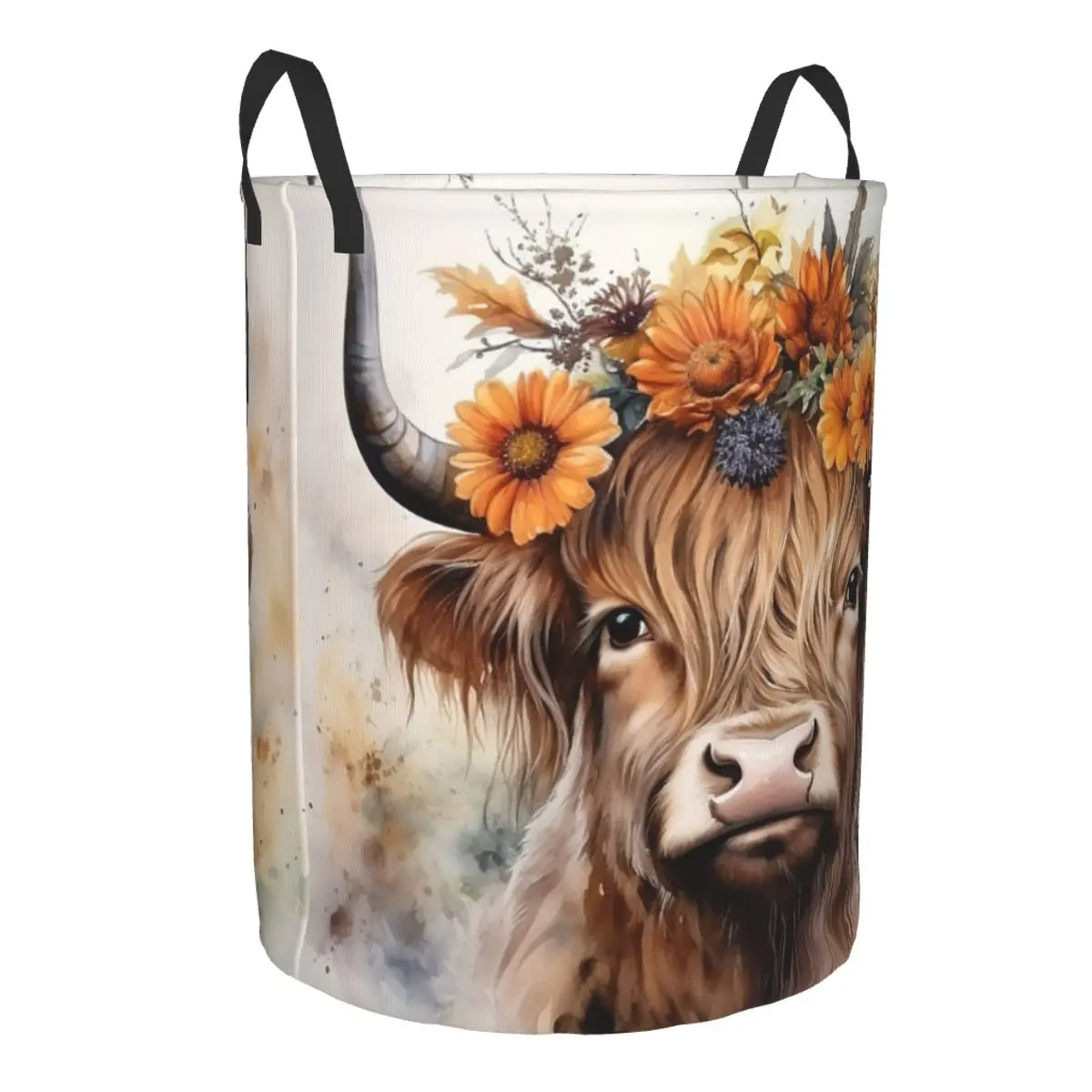 Custom Highland Cow And Flower Laundry Hamper Large Storage Basket Kids Nursery Toy Organizer