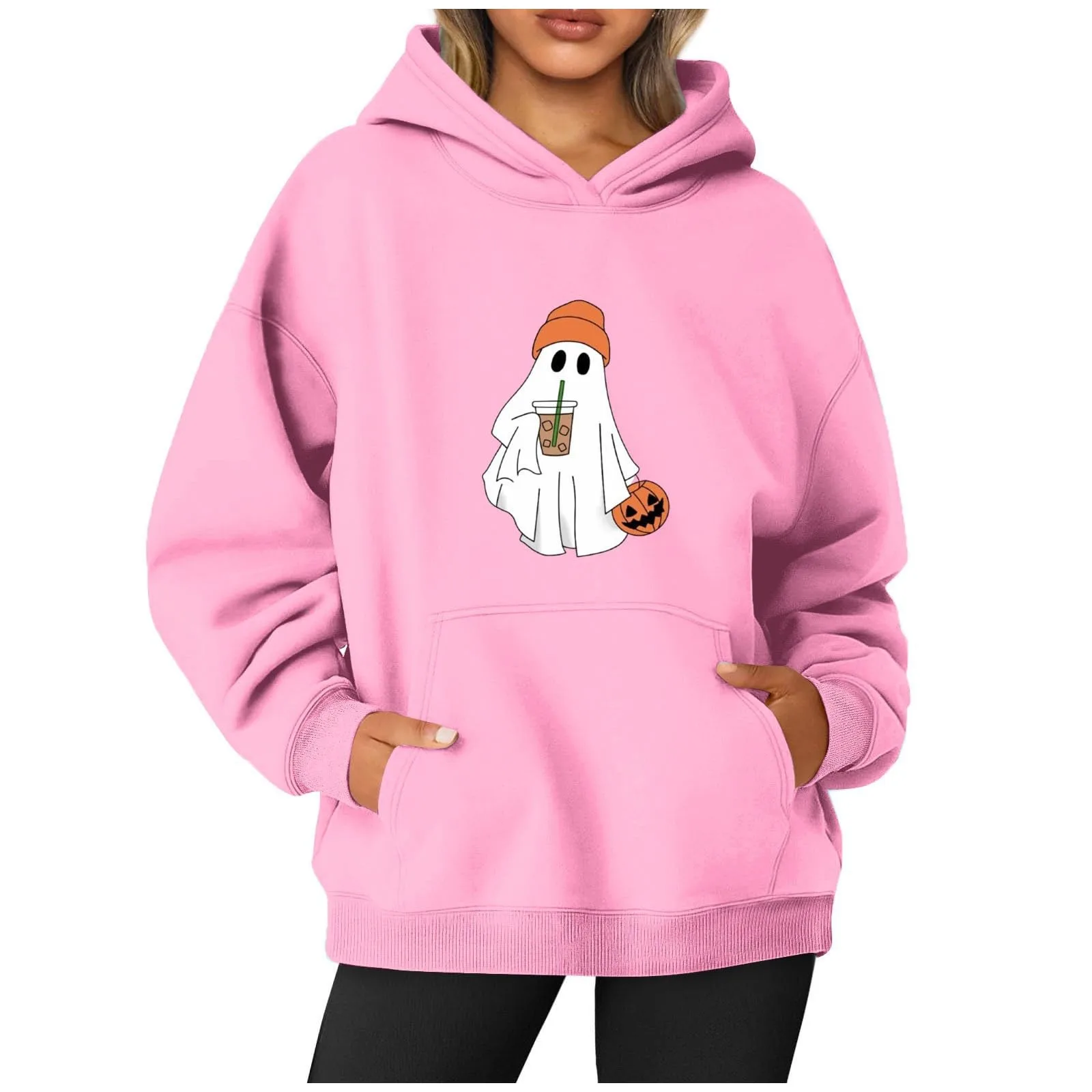 

Halloween Print Hooded Sweatshirt Winter Long Sleeve Vintage Y2k Hoodie Cartoon Ghosts Oversize Women'S Sports Suit Sweater