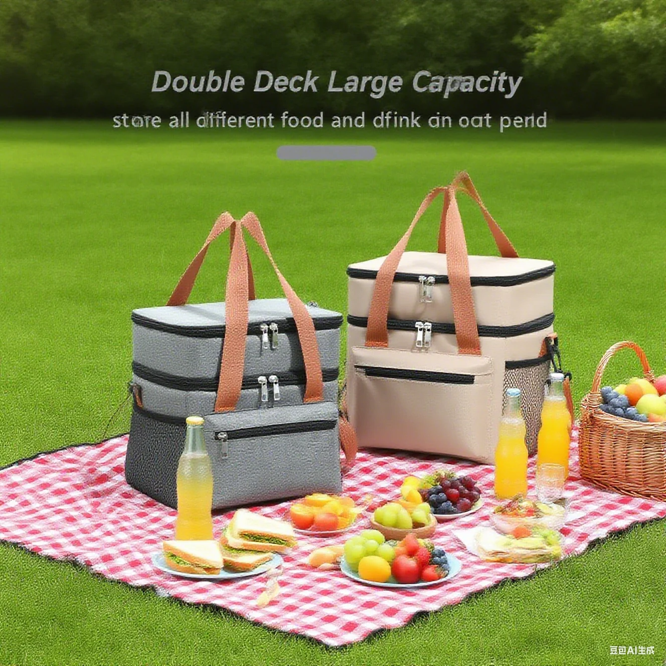 Double Layer Picnic Bag Thermal Insulation Lunch Pack Multi-Pocket Storage Bags Portable Crossbody Lunch Bags Food Storage Tote