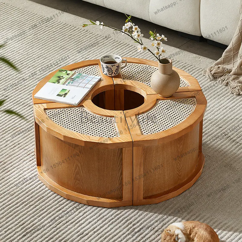 LD Nordic solid wood rattan coffee table living room household small apartment round furniture