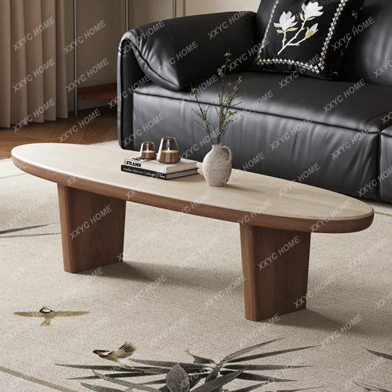Medieval style solid wood coffee table living room household long oval wabi sandy wind rock slab low table  creative edge table