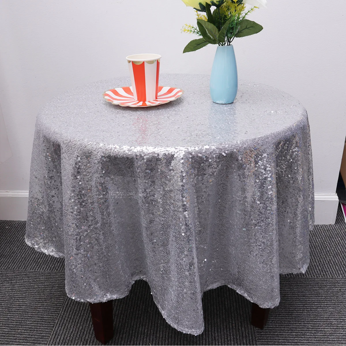 

Silver Sequin Table Cover Round Shiny Wedding Tablecloth Multi-Function Waterproof Elegant Glitter Table Runner For