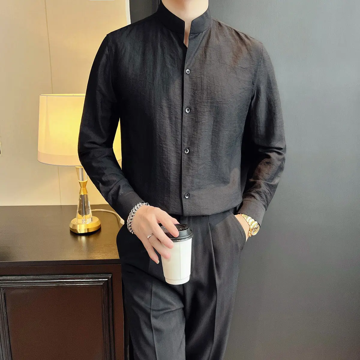 Brand Stand Collar White Shirt for Men Long-sleeved Casual High-end Men's Shirt Business Social Office Uniform Formal Shirts