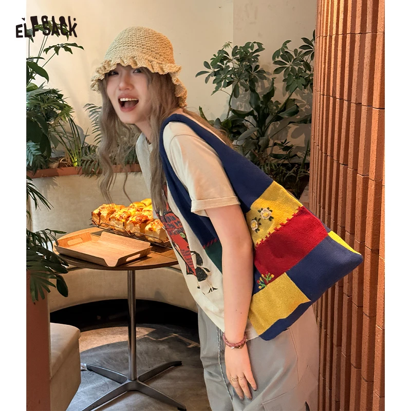 

ELFSACK Синяя вязаная сумка-тоут с вышивкой в ​​стиле пэчворк для женщин