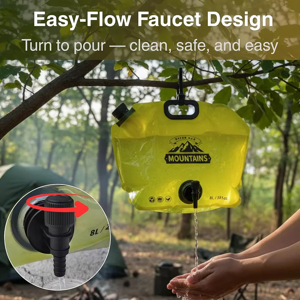 8L Portable Water Container with Faucet Foldable Lightweight PET Bucket for Camping Hiking Outdoor Travel Water Jug