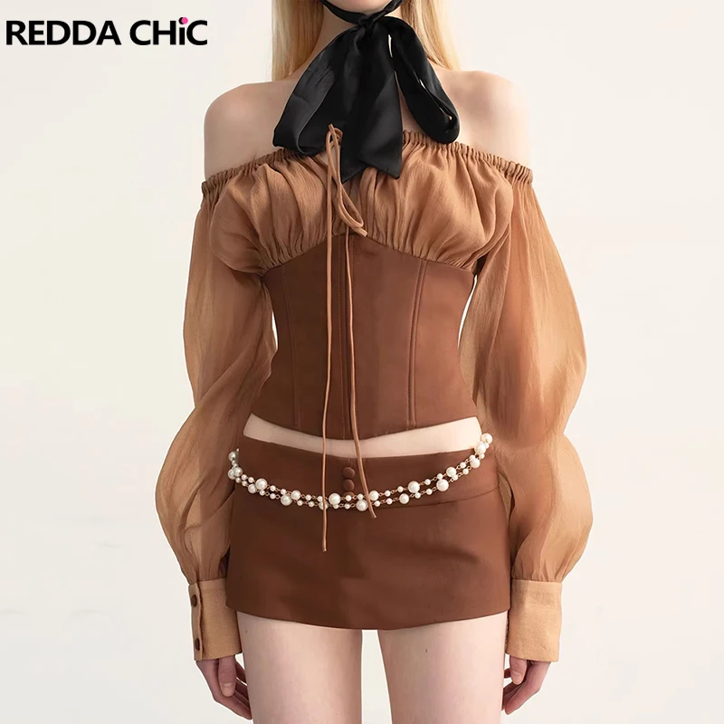 REDDACHiC Western Cinched Top Skirt Set One-shoulder Bow Lantern Long Sleeve T-shirt Bodycon Mini Skirt Vintage Women Clothes