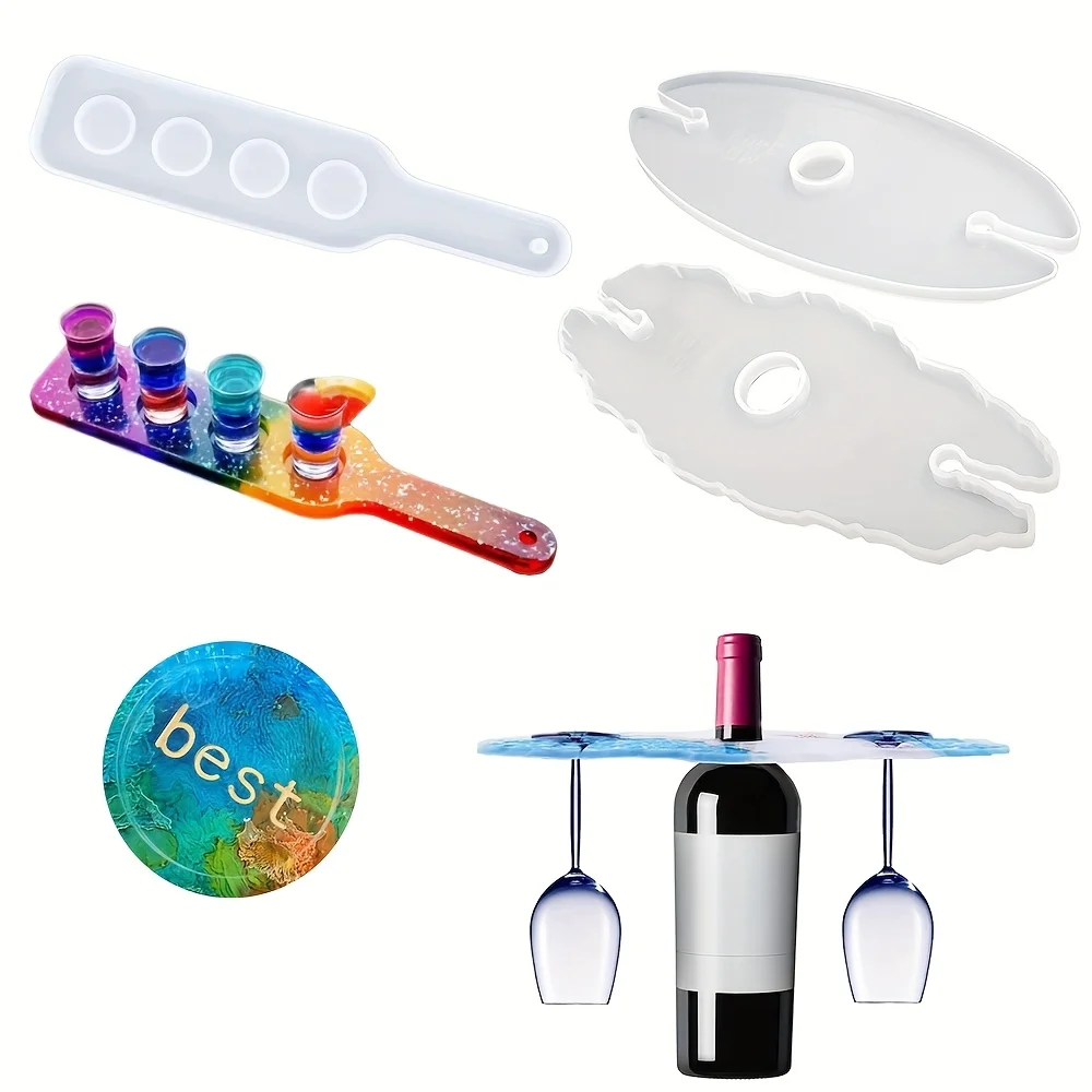 Moldes de resina de silicona para bandejas pequeñas para copas de vino, tablas de cerveza, estantes para paletas de whisky, manualidades DIY y decoraciones para el hogar