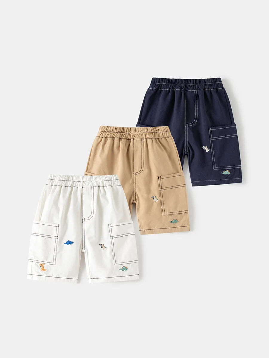 2026 New Summer 2-6Y Childrens Pants Fun Dino Embroidery Cargo Shorts for Boys with Large Pocket Contrast Topstitching