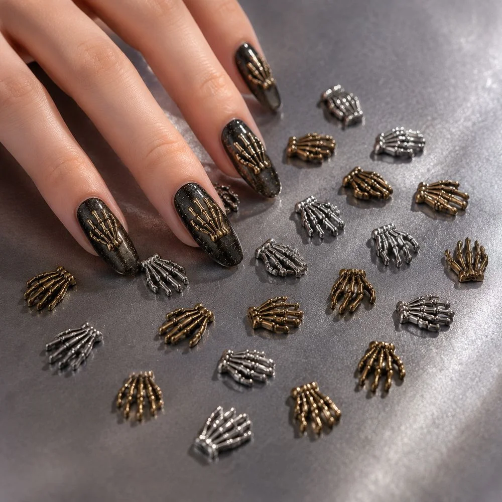 10Pcs 3D Metal Alloy Skull Hand Nail Charms Skeleton Hand Nail Art Decor Gothic Halloween Ornaments For DIY Manicure Supplies