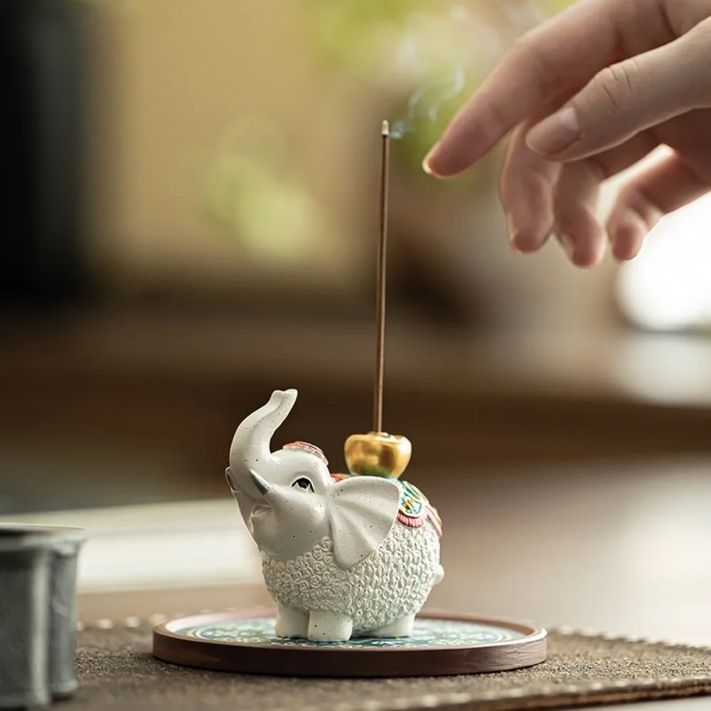 Vintage Cloisonne Style Lucky Elephant Incense Burner Zen Chinese Style Thai Style Elephant Censer Holder Resin Ornament