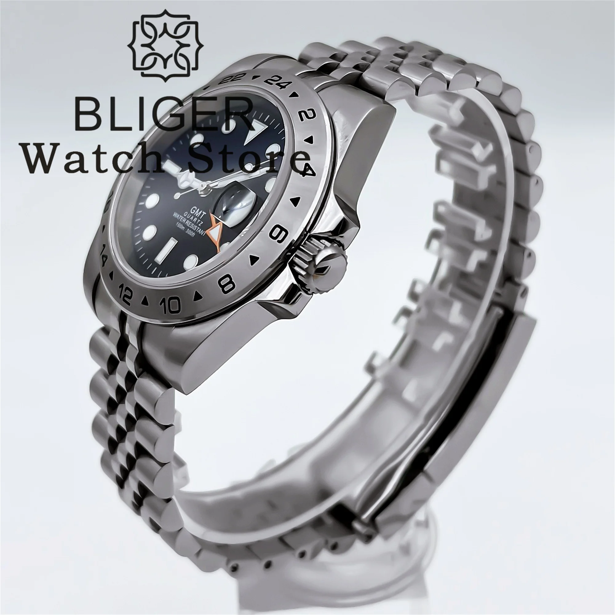 BLIGER 39mm Ronda 515 Quartz Watch For Men Black White Dial luminous 24 Hour GMT Bezel Stainless Case Sapphire glass GMT Hand