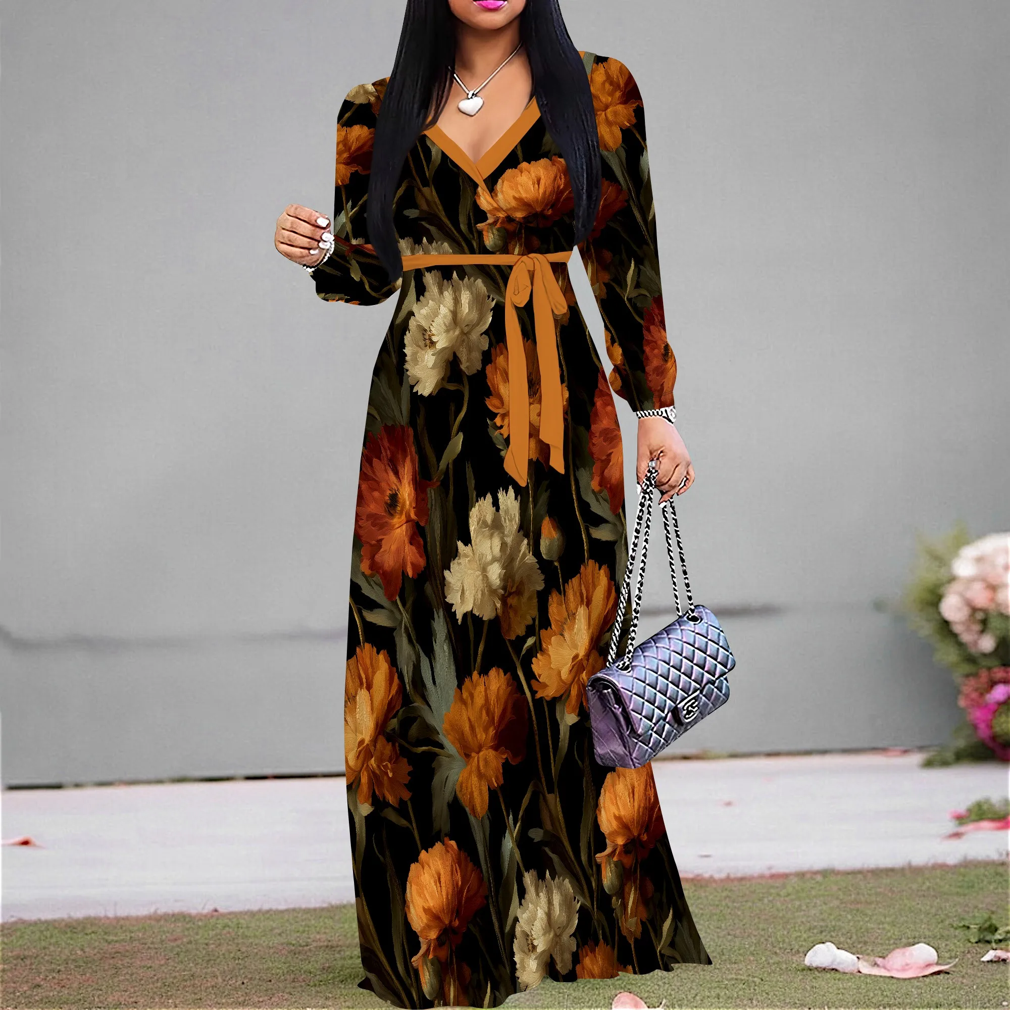 

Nupusa Black Orange Floral Print Dress for Women Regular Size Summer Casual V Neck Long Sleeve Belted Maxi Dress