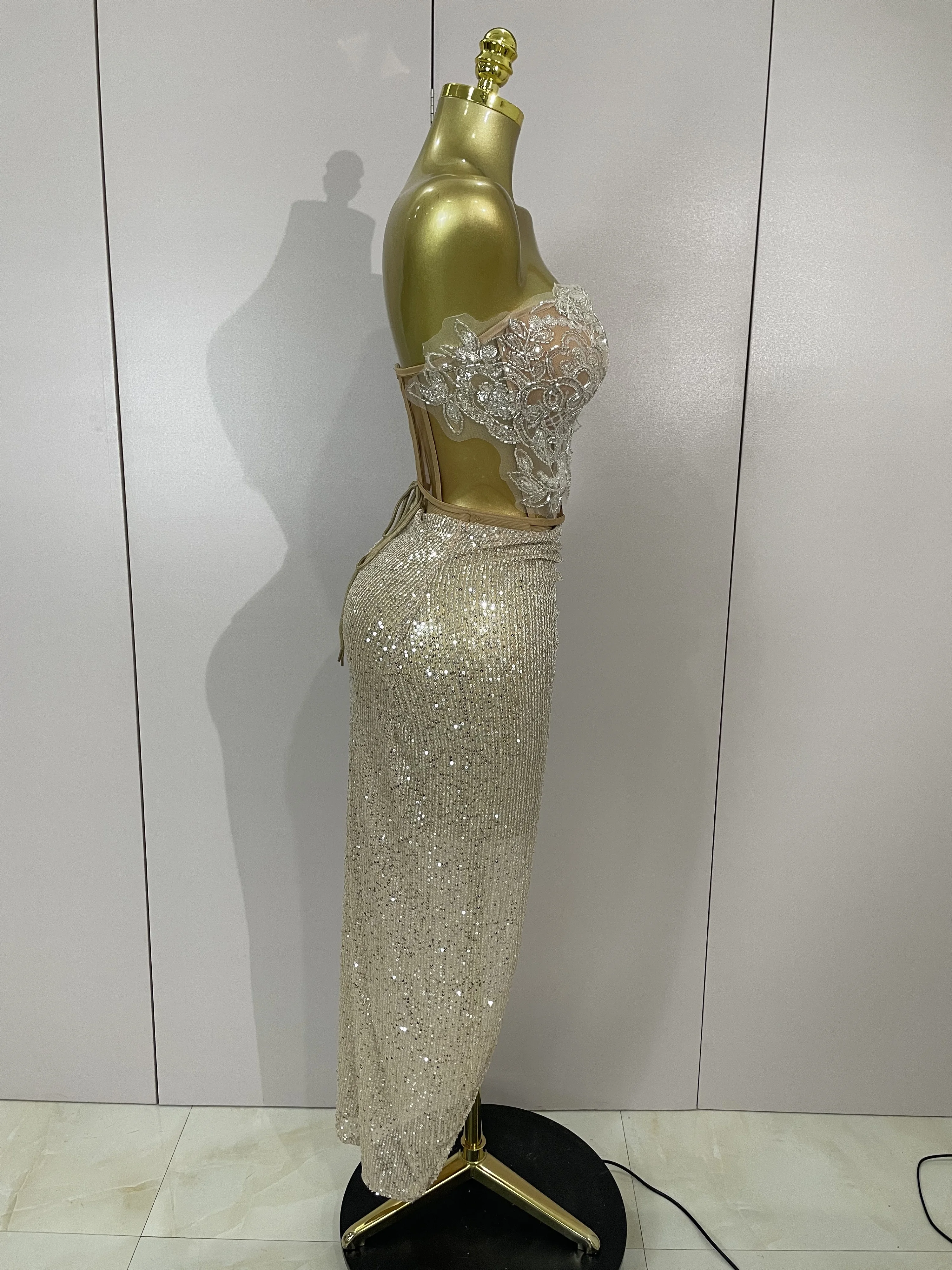 Sparkly Sequin Beading Sexy Strapless Two Pieces Set Women Evening Celebrate Nightclub Party Luxury Birthday Dress Stage Costume