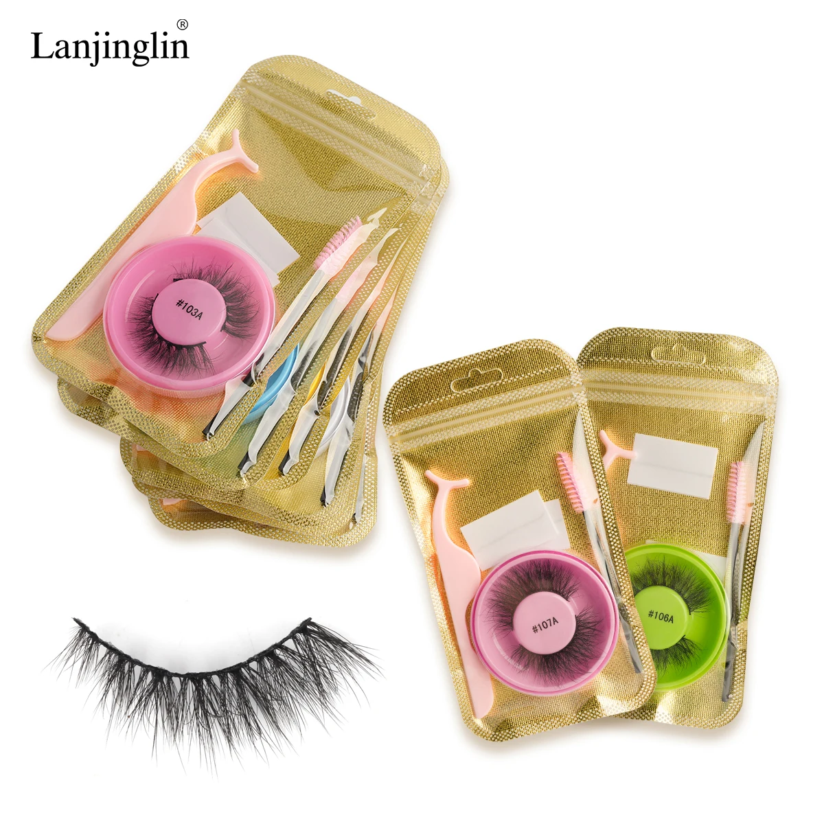 Lanjinglin 1 Bag Soft False Eyelashes Set Natural Long 3D Mink Lashes with Brushes and Tweezer Makeup Tool Faux Cils maquillaje