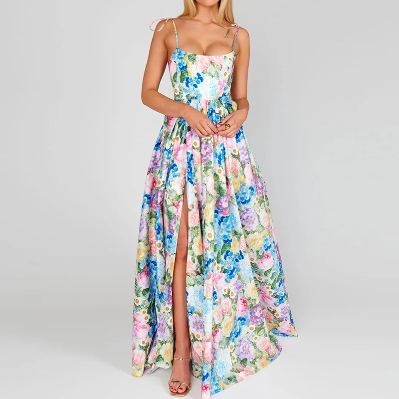 Vestido elegante con tirantes Bohe y estampado Floral, vestidos plisados divididos con hombros descubiertos, vestidos largos de cintura con cordones a la moda para mujer