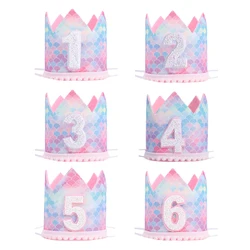 1pcs Mermaid Birthday Rainbow Crown Cap 1st 2nd 3rd Years Kids Baby Shower Hat With Rope Birthday Headband Mermaid Party Decor
