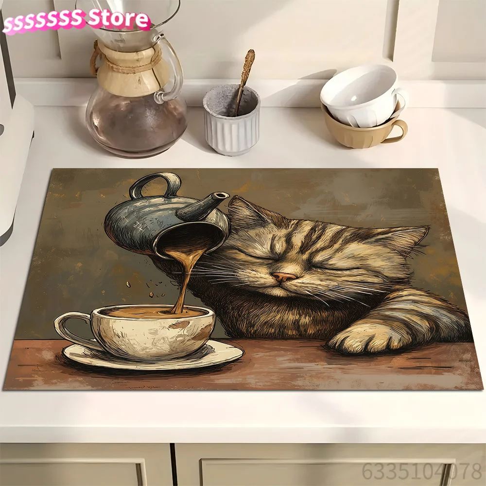 Cute Kitten Dish Drying Mat, Animal Print Drainage Pad, Coffee Machine Mat, Kitchen Counter Mat, Placemats, Washing Machine Dus