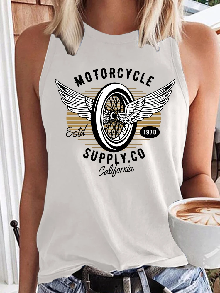 Seeyoushy Motorcycle Print Vintage T Shirt Women 90\'s Girls Sleeveless T Shirt O-Neck Summer Graphic TShirts Ladies Top Harajuku