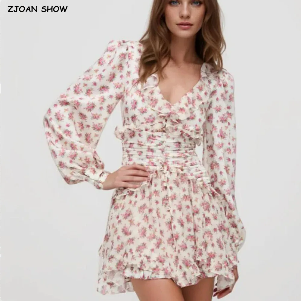 2025 Women White Pink Flower Print Puff Long Sleeve Dress Open Buttons Wood ears Ruffles Hem Mini Shirt Dresses Holiday Robe