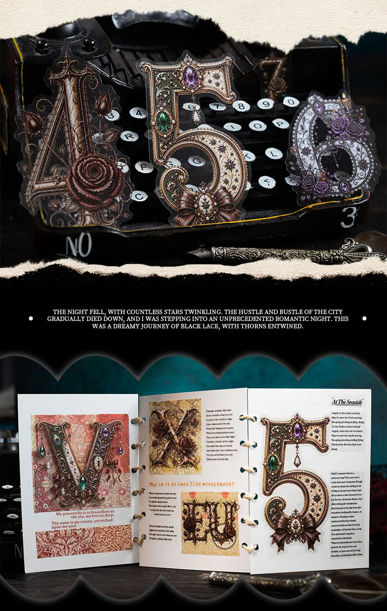Journal GO 36 Stück Dark Symbol Gothic PET-Aufkleber, verzierte Alphabet- und Zahlen-Abziehbilder für Journaling, Scrapbooking, Planer & DIY-Bastelarbeiten – Detail 6