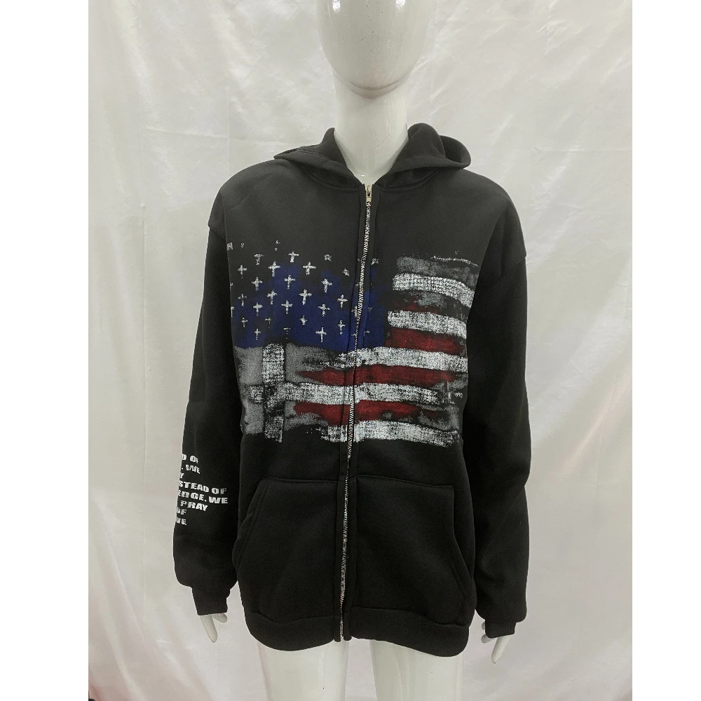 

2025New graphic letter printed rhinestone with pocket personalized trendy loose hooded hip-hop cardigan sweatshirt y2k