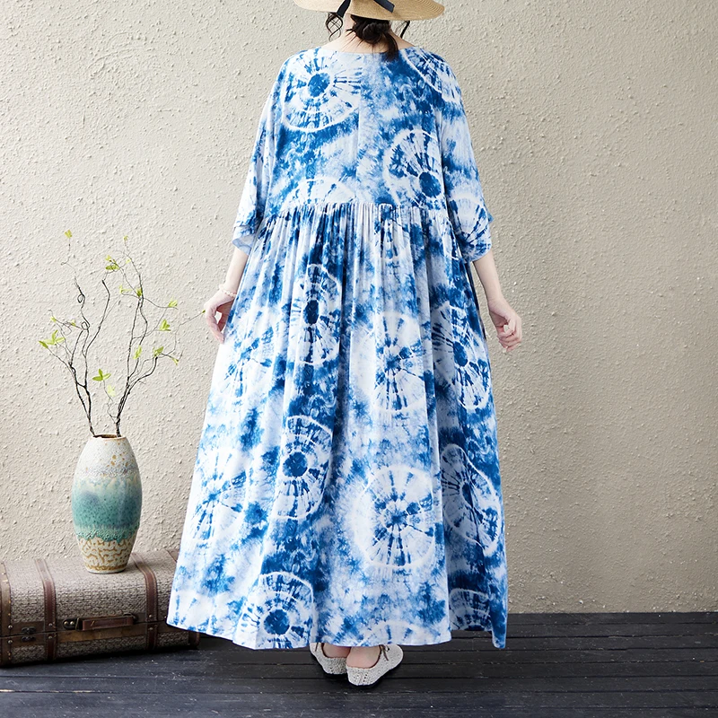 Loose Bohemian Style Cotton Summer Dress for Middle-Aged Women Short Sleeve round Neck Women's Dress Comfortable A-Line Skirt 4