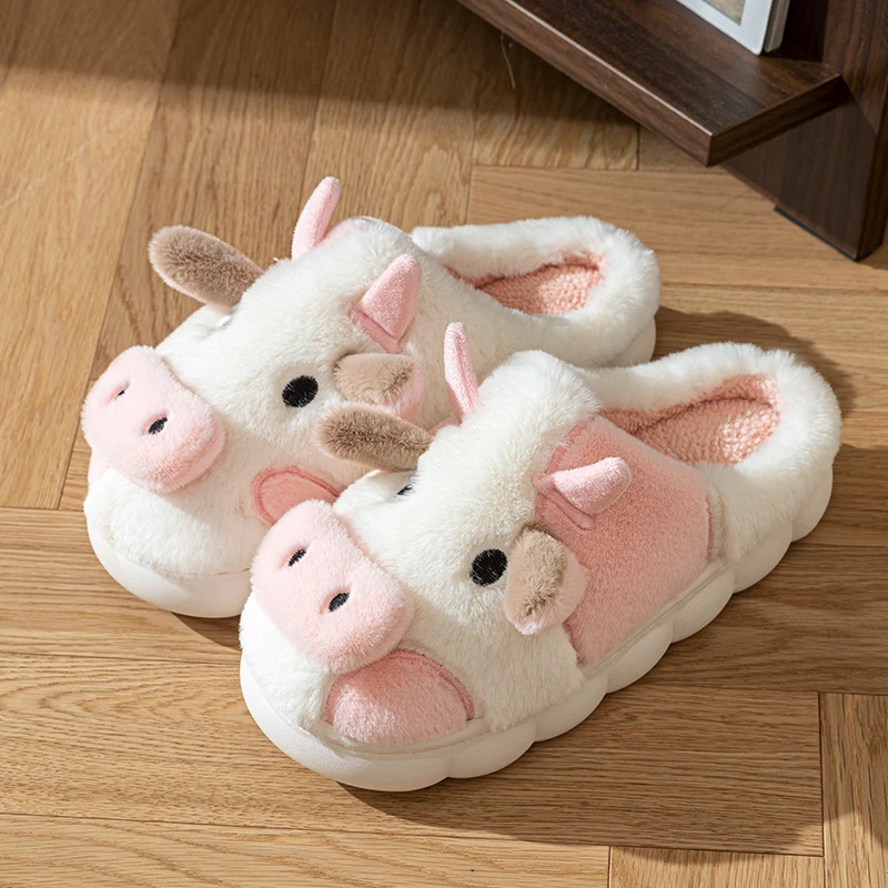 

Милые коровьи плюшевые тапочки для женщин и мужчин, теплые нечеткие тапочки с животными, уютная домашняя обувь для дома и улицы