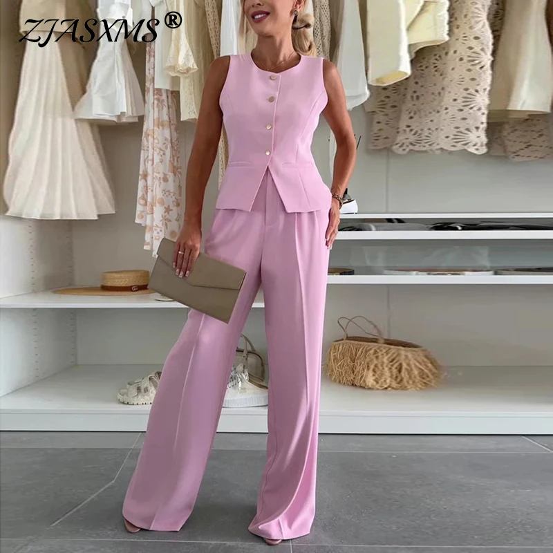 أنيقة الصلبة الأعلى السترة وبنطلون واسعة الساق دعوى عادية أكمام زر جيب س الرقبة مكتب الزي مثير فضفاض المرأة 2 قطعة مجموعة #1