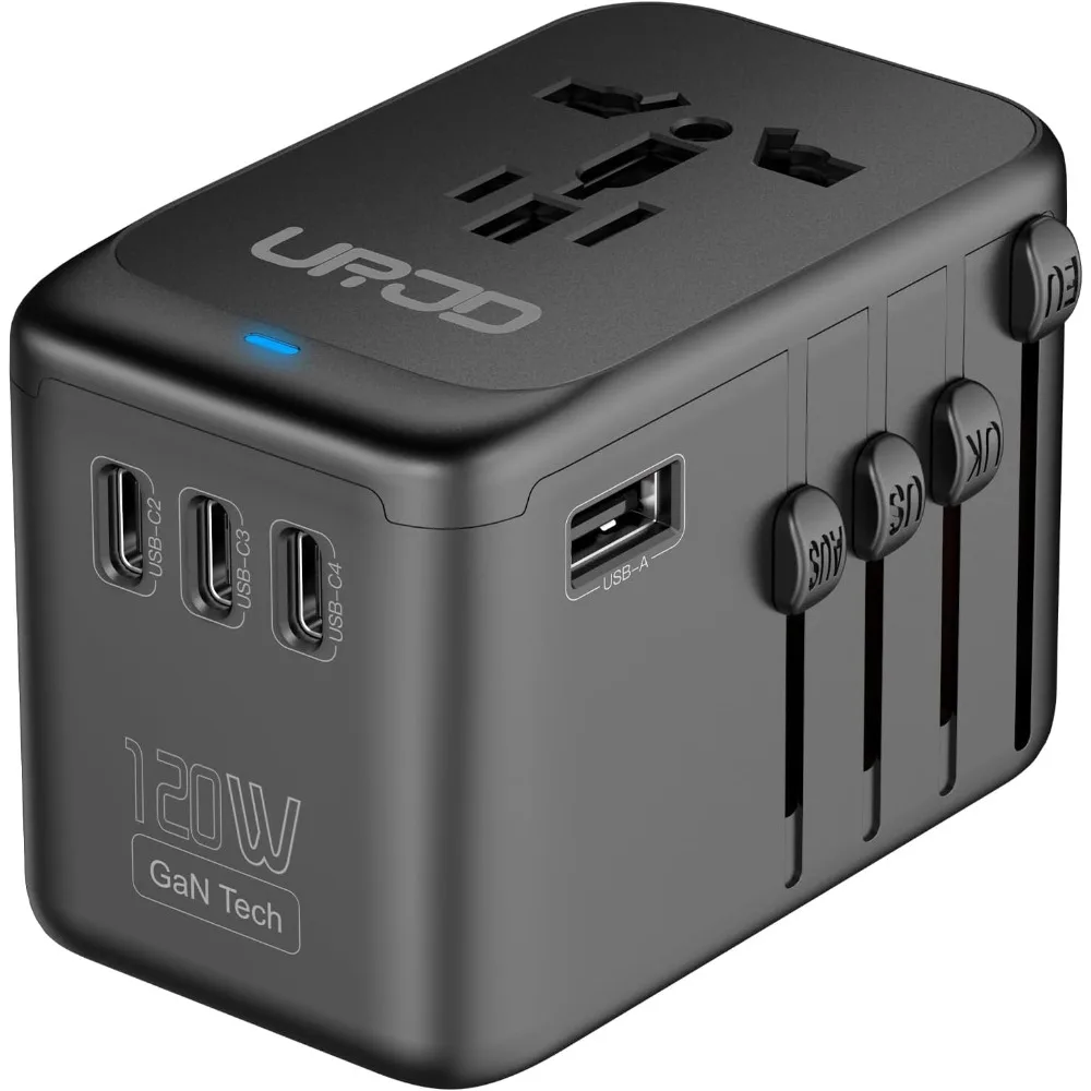 Global Power Adapter, 120W GaN Technology, 5 USB Ports and 1 AC Outlet, Comprehensive Travel Charger