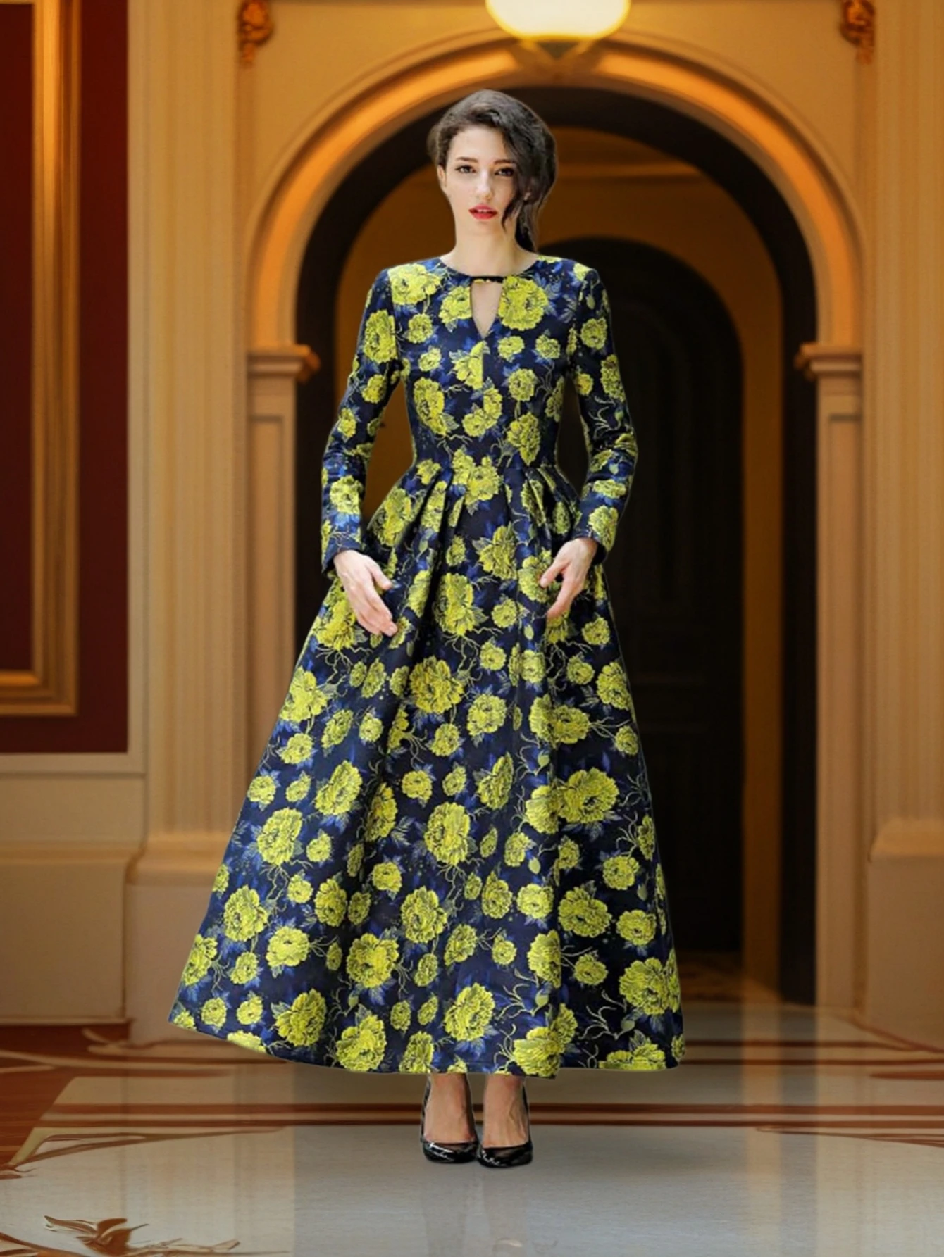 Elegant Jacquard Dress for Women Evening Gowns Vintage Fall Long Maxi Dresses Floral Luxury Party Robes Formal Occasion Clothing
