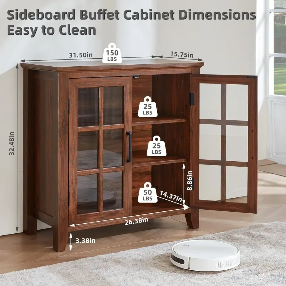 収納付き大型サイドボードビュッフェキャビネット、32インチファームハウスブラウンキッチンコーヒーワインバーキャビネット、ガラス扉2枚付き。