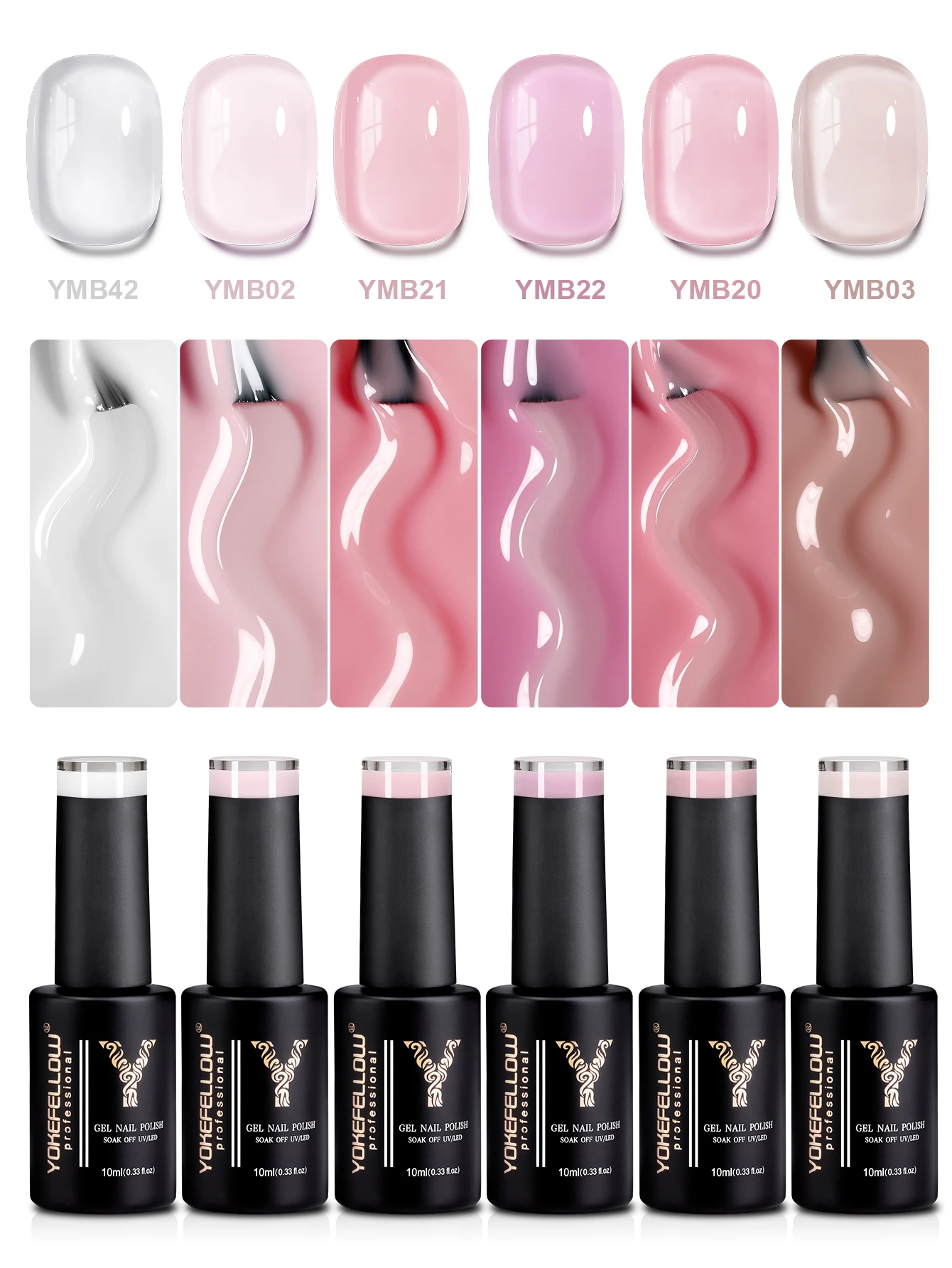 

YOKEFELLOW 10ml 6Set Rubber Base Gel Nail Polish 4in1 Nude Pink Jelly Builder Gel Long Lasting Soak Off UV LED Gel for Nail Art