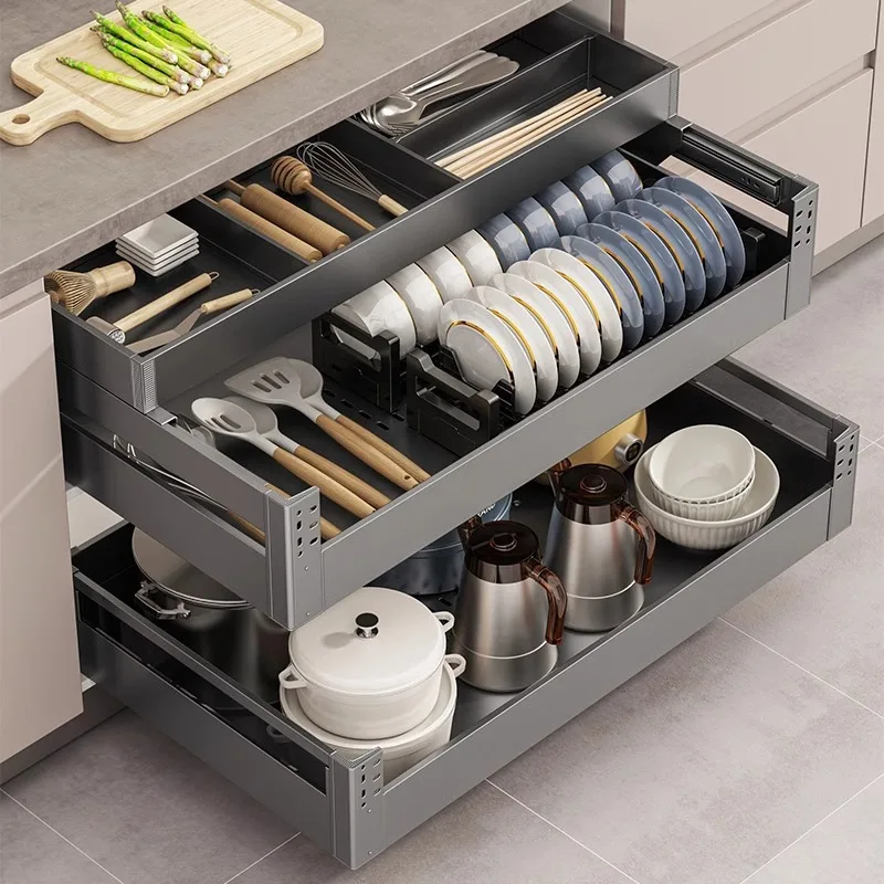 Basket cabinet, aluminum alloy three-layer draw seasonings, dish rack storage, bowl basket, knives, forks, pots and pans
