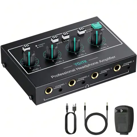 Multi-function 4 Channel Professional Headphone Amplifier Mono Stereo Audio Amp 3.5mm with Power Adapter for Studio and Stage