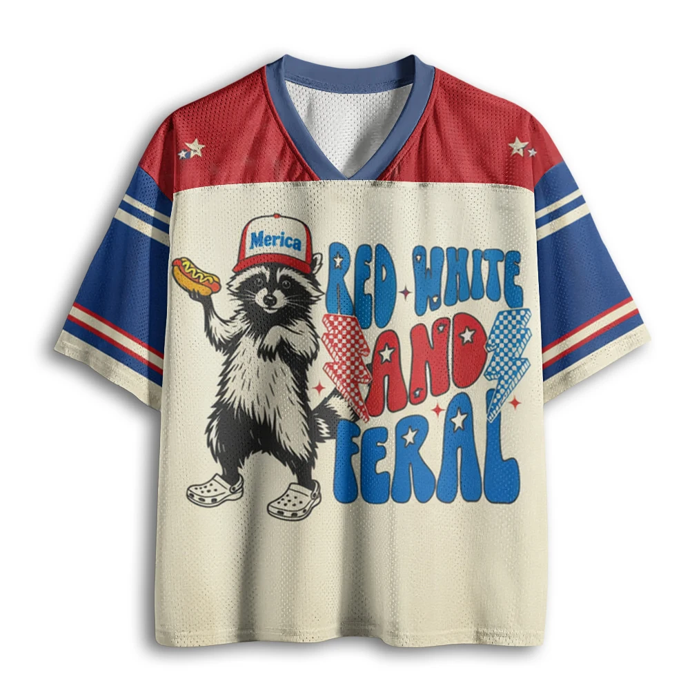 Vintage Patriotic Raccoon Red White And Feral Slogan Print USA Flag Color Block Mesh V Neck Loose Football Jersey T-shirt