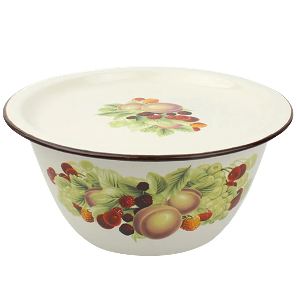 Enamel Basin with Lid Container for Storing Kitchen Lard Soup Vintage Bowl Kneading Dough Oil Storage Pot