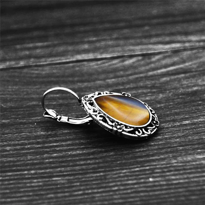 Water Drop Tiger Eyes Plant Flower Hook Earrings For Female Antique Silver Plated Vintage Jewelry