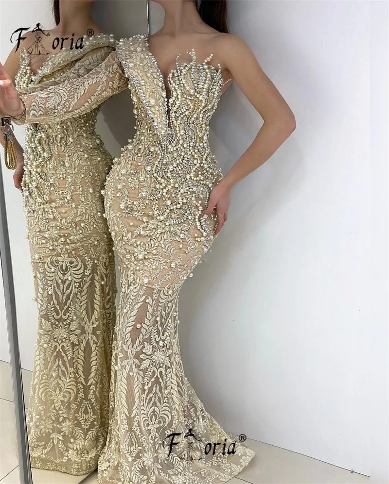 Elegant Pearls Beaded Dubai Mermaid Evening Dress Crystal Lace 3D Prom Wedding Party Gown vestidos de ocasión formales elegantes