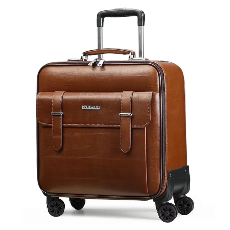 

Genuine Leather Suitcase Trolley Men Carry On Luggage with 4 Spinner Wheels, Business Travel Suitcase