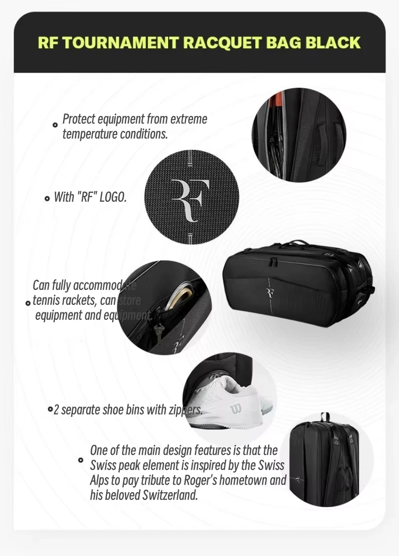 2025 윌슨 테니스 가방 RF 토너먼트 라켓 배낭 6PK 9PK 15PK 남성 여성을위한 대용량 전문 스포츠 테니스 가방