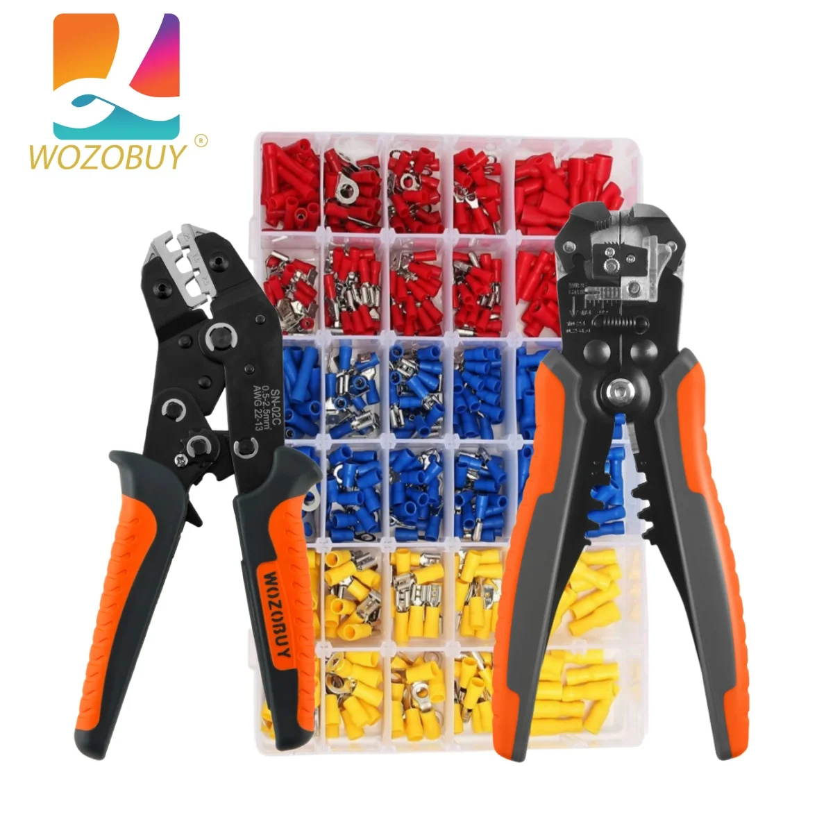 SN-02C Crimping Tool, AWG22-13 Ratcheting Wire Crimper for Insulated Connectors - Butt, Ring, Spade, Cable Lugs Assortment Kit