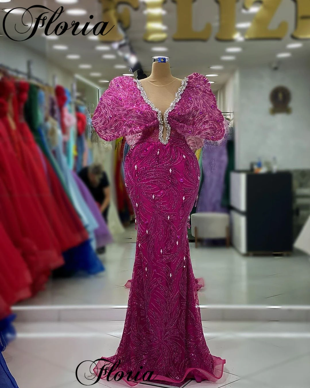 Special Fuchsia Celebrity Dresses For Women Mermaid Crystals Red Carpet Runway Dresses Vestidos Para Mujer Evening Gowns