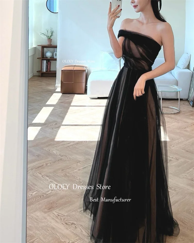 OLOEY One Shoulder Fairy Black Evening Dresses Wedding Photo shoot Tulle Korea Party Formal Prom Gowns Corset Back Floor Length