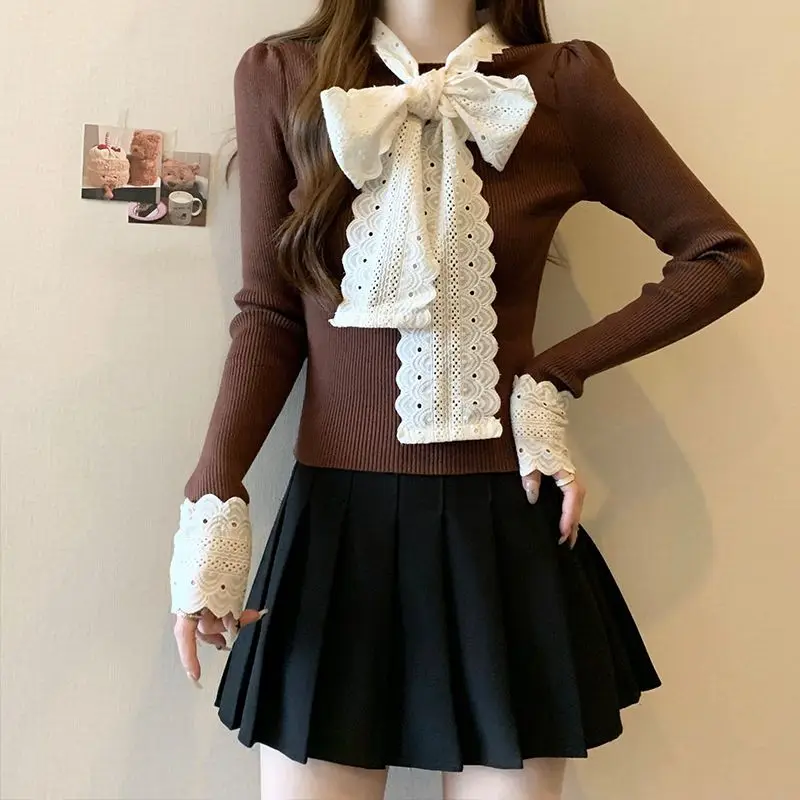 Spitze Bogen Stricken Frauen Kleidung Frühling Herbst 2024 Neue Rot Schlank Bodenbildung Shirt Alle-spiel Langarm Pullover Femme pullover
